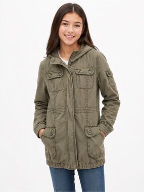 Gap Kids Girls Olive Green Cargo Jacket Hooded Cotton Parka Size XXL 14/16